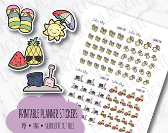 Puede incluir: Hoja de pegatinas imprimibles para planificador con temática de verano. Las pegatinas incluyen imágenes de chanclas, un sol sonriente, una rodaja de sandía, una piña con gafas de sol, un cubo y una pala, y una sombrilla.