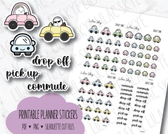 May include: Printable planner stickers featuring cute cartoon cars in various colors. The stickers include the words "commute", "drop off", and "pick up".