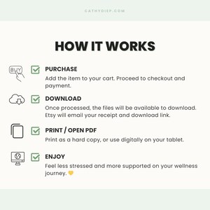 May include: A white graphic with the text "HOW IT WORKS" and instructions for purchasing, downloading, printing, and enjoying a digital product. The steps are accompanied by icons and checkmarks.