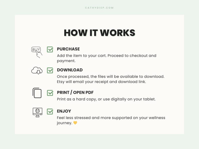 May include: A white graphic with the text "HOW IT WORKS" and instructions for purchasing, downloading, printing, and enjoying a digital product. The steps are accompanied by icons and checkmarks.