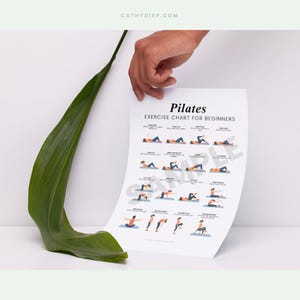 May include: A Pilates exercise chart for beginners, showing illustrated poses. The chart is held by a hand, with a large green leaf in the foreground. The text "Pilates Exercise Chart for Beginners" is visible.
