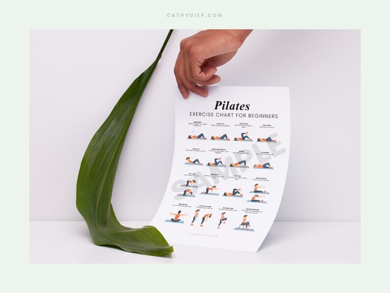 May include: A Pilates exercise chart for beginners, showing illustrated poses. The chart is held by a hand, with a large green leaf in the foreground. The text "Pilates Exercise Chart for Beginners" is visible.