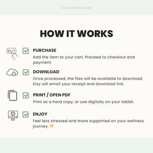 May include: A white graphic with the text "HOW IT WORKS" and instructions for purchasing, downloading, printing, and enjoying a digital product. The steps are illustrated with icons and brief descriptions.