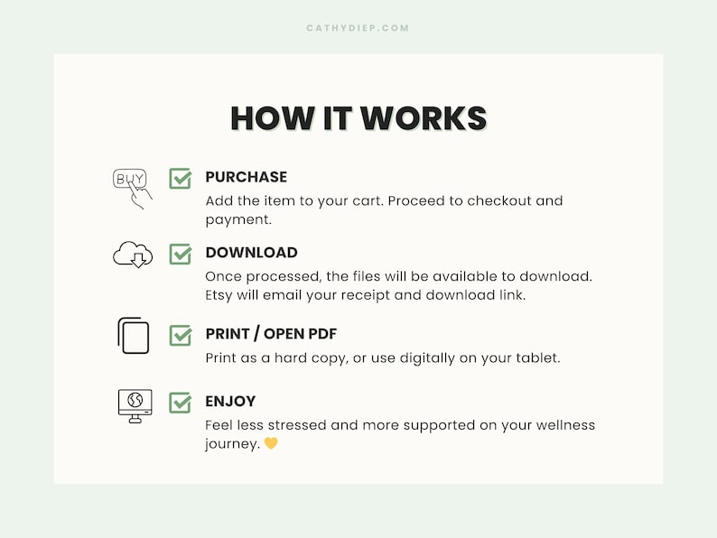 May include: A white graphic with the text "HOW IT WORKS" and instructions for purchasing, downloading, printing, and enjoying a digital product. The steps are illustrated with icons and brief descriptions.