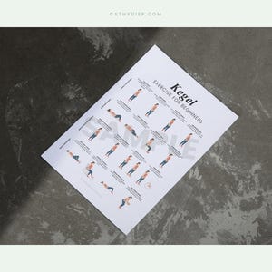 May include: A white printed sheet with the text "Kegel Exercise for Beginners" and illustrations of various exercises. The sheet is angled on a dark gray surface. The website address cathydiep.com is in the top left corner.