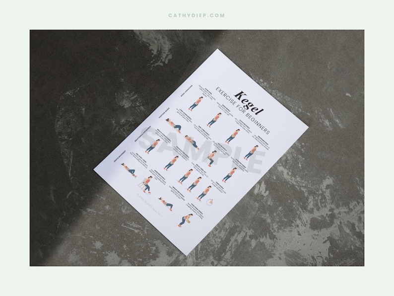 May include: A white printed sheet with the text "Kegel Exercise for Beginners" and illustrations of various exercises. The sheet is angled on a dark gray surface. The website address cathydiep.com is in the top left corner.
