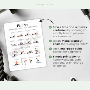 May include: A white Pilates exercise chart for beginners with illustrations of various exercises. The chart includes the text "Pilates Exercise Chart for Beginners" and bullet points describing the chart's benefits. The background includes exercise equipment.