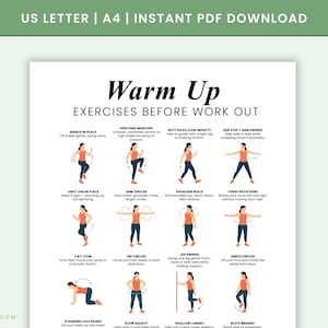 May include: A white printable PDF with a green header that says "US LETTER | A4 | INSTANT PDF DOWNLOAD". The document features illustrations of warm-up exercises, including arm circles and torso rotations. Text includes "Warm Up" and "EXERCISES BEFORE WORK OUT".