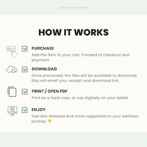 May include: A white graphic detailing the process of purchasing and using a digital product, with the title "HOW IT WORKS". The steps include purchasing, downloading, printing, and enjoying, with accompanying icons and a website.