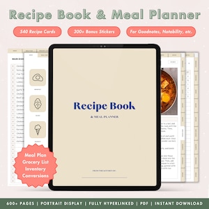 Digital Recipe Book and Meal Planner, Neutral Digital Meal Planner, Recipe Journal, Recipe Book Template, iPad Recipe Organizer Goodnotes