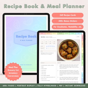 Digital Recipe Book Meal Planner, Recipe Journal, Digital Recipe Cookbook, Recipe Book Template, Recipe Book for Goodnotes and Notability