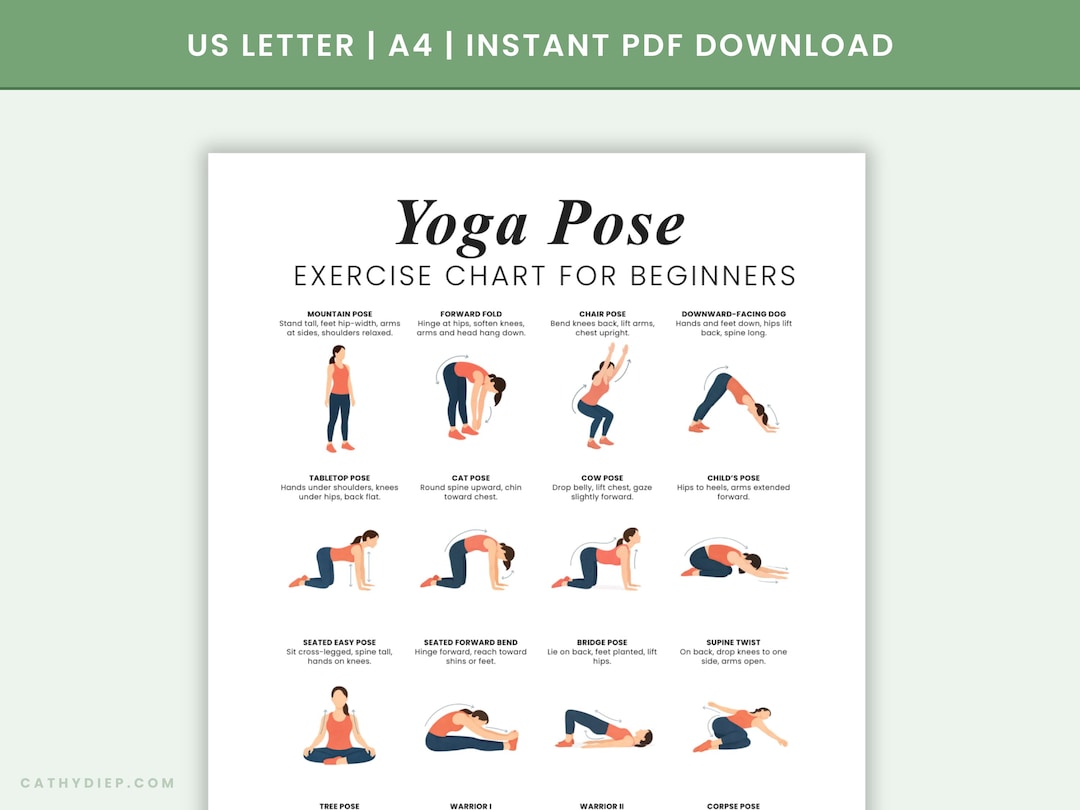 Yoga Pose Exercise Chart for Beginners | Beginner Yoga Poses Printable | Yoga Workout Poster PDF ...