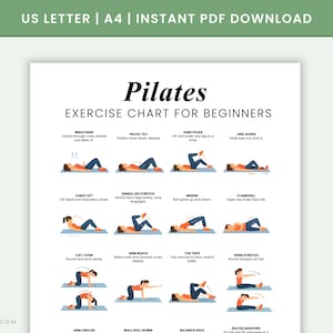 May include: A Pilates exercise chart for beginners, with illustrations of exercises. The chart includes instructions for breathing, pelvic tilts, knee folds, heel slides, chest lifts, single leg stretches, bridge, clamshells, cat-cow, arm reach, toe taps, spine stretch, arm circles, wall roll down, balance hold, and seated marches.