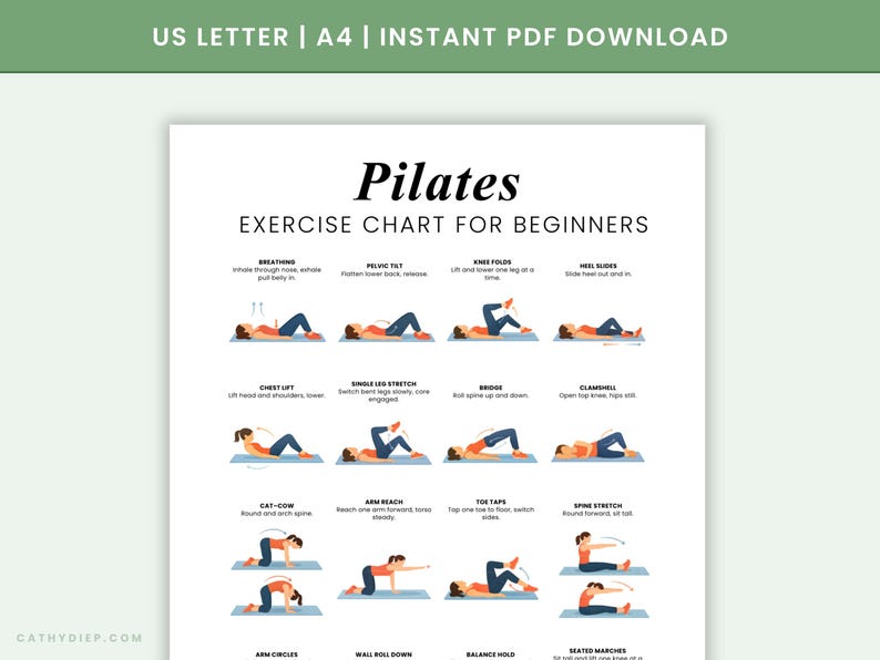 May include: A Pilates exercise chart for beginners, with illustrations of exercises. The chart includes instructions for breathing, pelvic tilts, knee folds, heel slides, chest lifts, single leg stretches, bridge, clamshells, cat-cow, arm reach, toe taps, spine stretch, arm circles, wall roll down, balance hold, and seated marches.