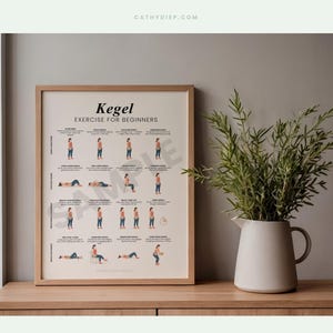 May include: A framed poster with the title "Kegel Exercise for Beginners" displays illustrated instructions. A white pitcher with green foliage sits on a wooden surface. The background is a neutral gray wall.