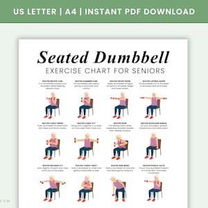 May include: A white exercise chart titled "Seated Dumbbell Exercise Chart for Seniors." The chart features illustrations of exercises like bicep curls, chest presses, and rows, with instructions. The top banner reads "US LETTER | A4 | INSTANT PDF DOWNLOAD."