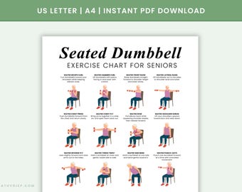 May include: A white exercise chart titled "Seated Dumbbell Exercise Chart for Seniors." The chart features illustrations of exercises like bicep curls, chest presses, and rows, with instructions. The top banner reads "US LETTER | A4 | INSTANT PDF DOWNLOAD."