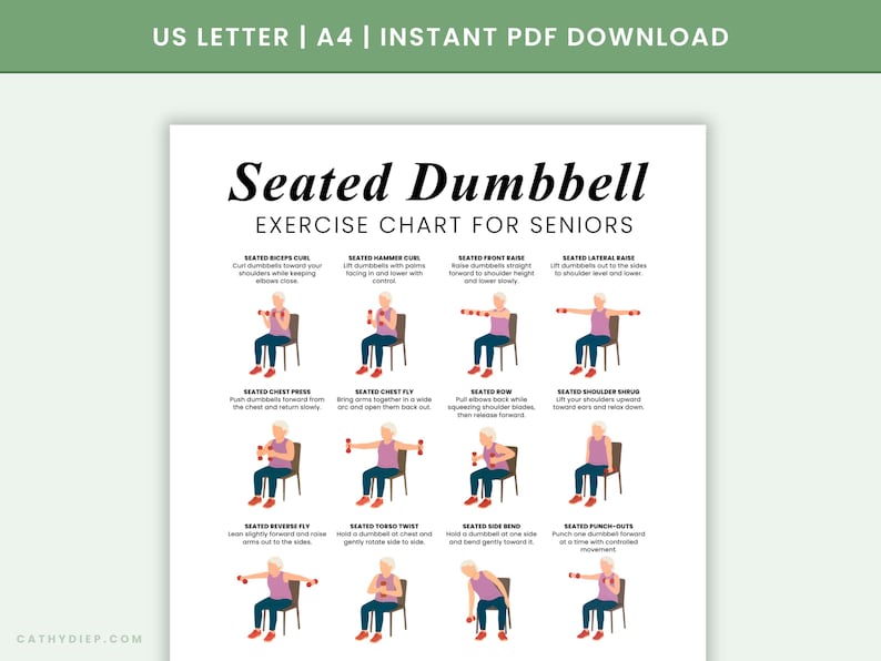 Seated Dumbbell Exercise Chart for Seniors | Gentle Chair Workout (PDF ...