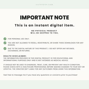 May include: A digital item notice on a light green background with the text "IMPORTANT NOTE". The text states the item is digital, for personal use only, and no refunds are offered. A health disclaimer is also included.