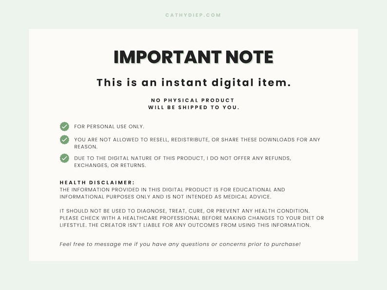 May include: A digital item notice on a light green background with the text "IMPORTANT NOTE". The text states the item is digital, for personal use only, and no refunds are offered. A health disclaimer is also included.