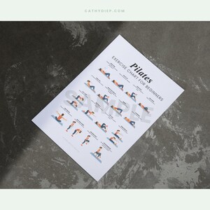 May include: A white Pilates exercise chart for beginners, with illustrations of different exercises. The chart is titled "Pilates" and includes the text "Exercise Chart for Beginners." The word "SAMPLE" is printed across the chart.