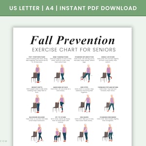 May include: A white printable exercise chart titled "Fall Prevention Exercise Chart for Seniors." The chart features illustrations of various exercises, including standing and chair-based movements, designed to improve balance and prevent falls. Text at the top reads "US LETTER | A4 | INSTANT PDF DOWNLOAD."