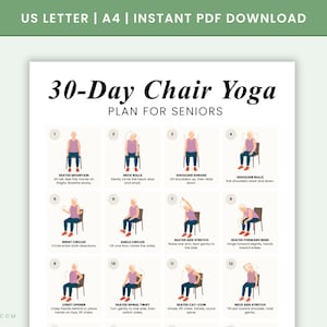 30 jours de yoga sur chaise pour seniors | Tableau des exercices de yoga sur chaise | Poses de yoga assis imprimables | Entraînement doux à domicile pour personnes âgées | PDF numérique