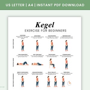 Puede incluir: Una guía imprimible en blanco titulada "Ejercicio de Kegel para principiantes" con ilustraciones de ejercicios. La guía incluye texto y diagramas que demuestran varios ejercicios de Kegel, incluidos ejercicios lentos, rápidos y de resistencia. La parte superior de la guía tiene el texto "US LETTER | A4 | INSTANT PDF DOWNLOAD".
