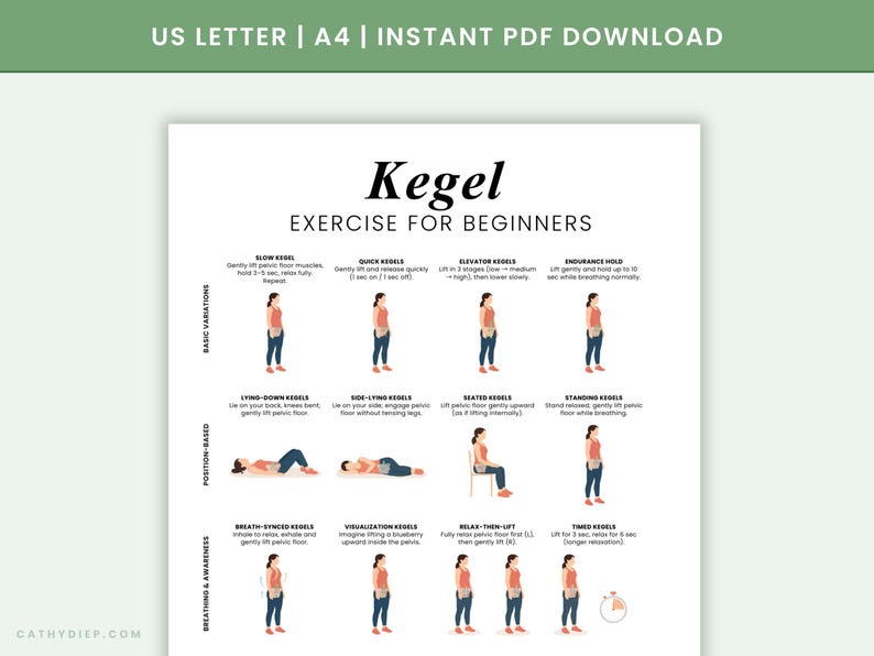 May include: A white printable guide titled "Kegel Exercise for Beginners" with illustrations of exercises. The guide includes text and diagrams demonstrating various Kegel exercises, including slow, quick, and endurance holds. The top of the guide has the text "US LETTER | A4 | INSTANT PDF DOWNLOAD".