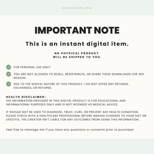 May include: A digital item notice on a white background with black text. The text includes "IMPORTANT NOTE," "This is an instant digital item," and a health disclaimer. The notice also states that no physical product will be shipped.