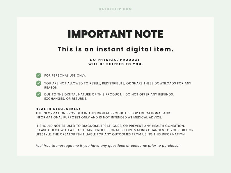 May include: A digital item notice on a white background with black text. The text includes "IMPORTANT NOTE," "This is an instant digital item," and a health disclaimer. The notice also states that no physical product will be shipped.