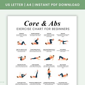 Peut inclure: Un tableau d'exercices imprimable intitulé "Core & Abs Exercise Chart for Beginners". Le tableau présente des instructions d'entraînement illustrées pour divers exercices, notamment des crunchs, des planches et des torsions. La bannière supérieure indique "US LETTER | A4 | INSTANT PDF DOWNLOAD."