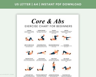 Tabla imprimible de ejercicios básicos / Guía de ejercicios abdominales / Entrenamiento con peso corporal sin equipo / Póster de fitness en casa