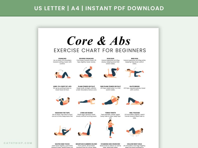 May include: A printable exercise chart titled "Core & Abs Exercise Chart for Beginners." The chart features illustrated workout instructions for various exercises, including crunches, planks, and twists. The top banner reads "US LETTER | A4 | INSTANT PDF DOWNLOAD."