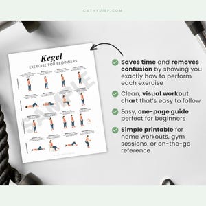 May include: A white printable guide titled "Kegel Exercise for Beginners" with illustrations demonstrating exercises. The guide includes text that says it saves time, is easy to follow, and is a simple printable for home workouts.