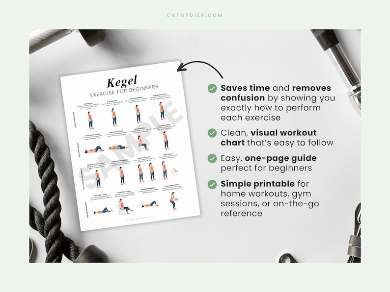 May include: A white printable guide titled "Kegel Exercise for Beginners" with illustrations demonstrating exercises. The guide includes text that says it saves time, is easy to follow, and is a simple printable for home workouts.