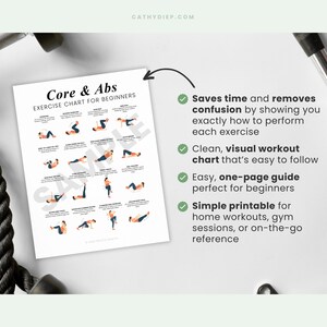 May include: A white printable exercise chart titled "Core & Abs Exercise Chart for Beginners" with illustrations of various exercises. The chart includes text that says it saves time and is easy to follow. Black rope and weights are in the background.