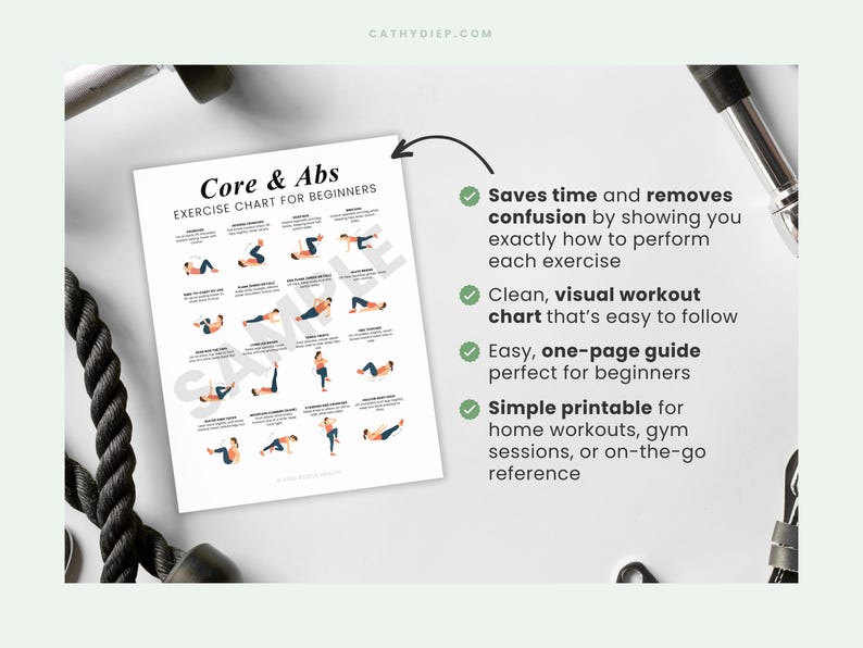 May include: A white printable exercise chart titled "Core & Abs Exercise Chart for Beginners" with illustrations of various exercises. The chart includes text that says it saves time and is easy to follow. Black rope and weights are in the background.
