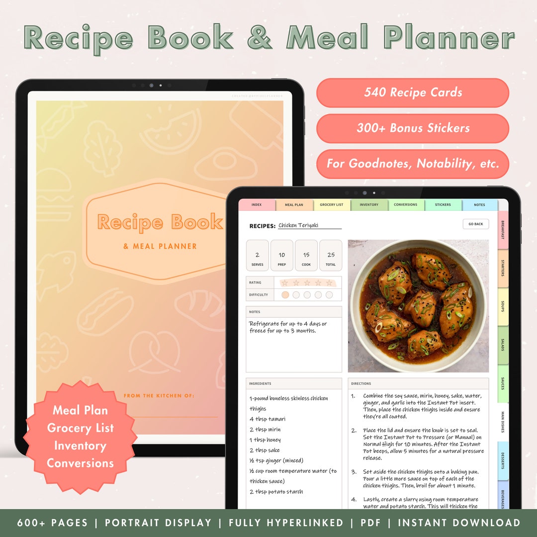 Digital Recipe Book for Goodnotes, Digital Meal Planner, Weekly Meal ...