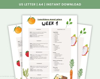 Kids Lunchbox Planner Printable | School Lunch Menu | 4-Week Meal Plan + Grocery Lists PDF | Lunchbox Checklist | Instant Download