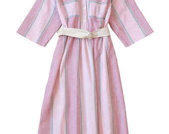 Pink Midi Dress 90s Pinstripe Dress Vintage Style Elegant Casual Chic Dress Women L