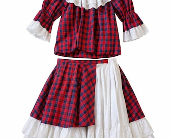 Conjunto vintage a cuadros rojo de los 90, conjunto de falda estilo Y2K, estilo preppy académico de dos piezas para mujer M