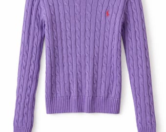 Maglione da donna Polo Ralph Lauren in cotone viola a trecce, taglia S, stile preppy anni '90.