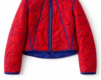 Giacca vintage rossa oversize, giacca retrò anni '90 con stampa, giacca casual streetwear da donna, giacca di tendenza effetto invecchiato