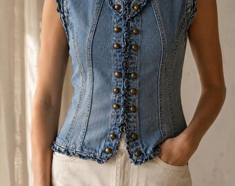 Vintage Zoul Denim Vest Women's Y2K Ruffle Button Front Fitted Cotton Top EU S
