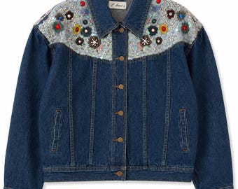 Vintage Floral Embellished Denim Jacket Women's L 90s Beaded Blue Jean Jacket