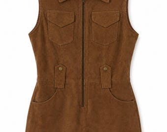 Vintage Suede Leather Playsuit Women's M Brown Y2K Zip Front Romper