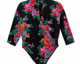 Escada Vintage Seide Bodysuit 90er Jahre Schwarz Floral Designer Top Luxus Elegant Retro Frauen Statement Bluse