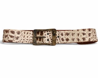 Vintage Cream Leather Belt 90s Women Printed Real Leather Waist Belt Retro Minimalist Elegant Belt L