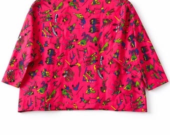 Camicetta oversize vintage rosa stampata – Top retrò anni '90 dalla vestibilità ampia e di tendenza
